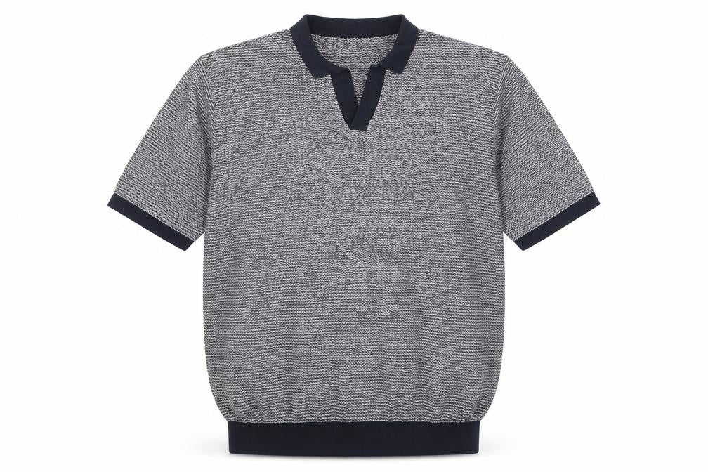 Front view of Next men’s blue collared striped cotton jumper, size M