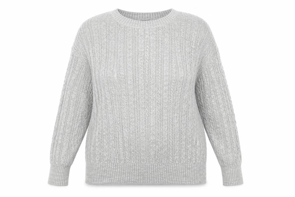 Front view of Primark women’s grey round neck acrylic jumper, size UK 18