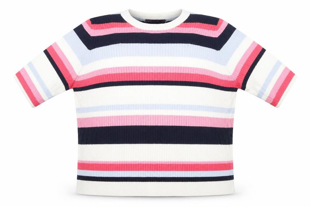 Front view of Marks & Spencer women’s multicoloured round neck striped viscose jumper, size UK 20