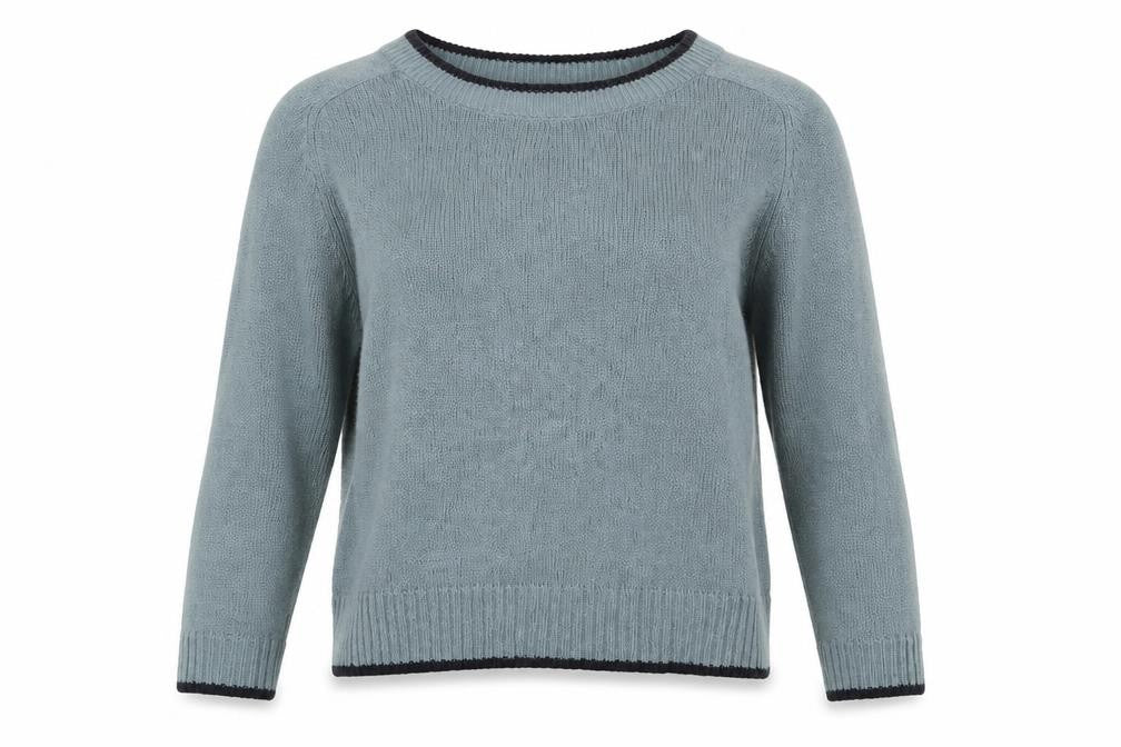 Front view of H&M women’s blue round neck acrylic jumper, size M