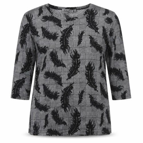 Bicalla  Womens Black Houndstooth Viscose Jersey T-Shirt Size L Scoop Neck - Feather pattern
