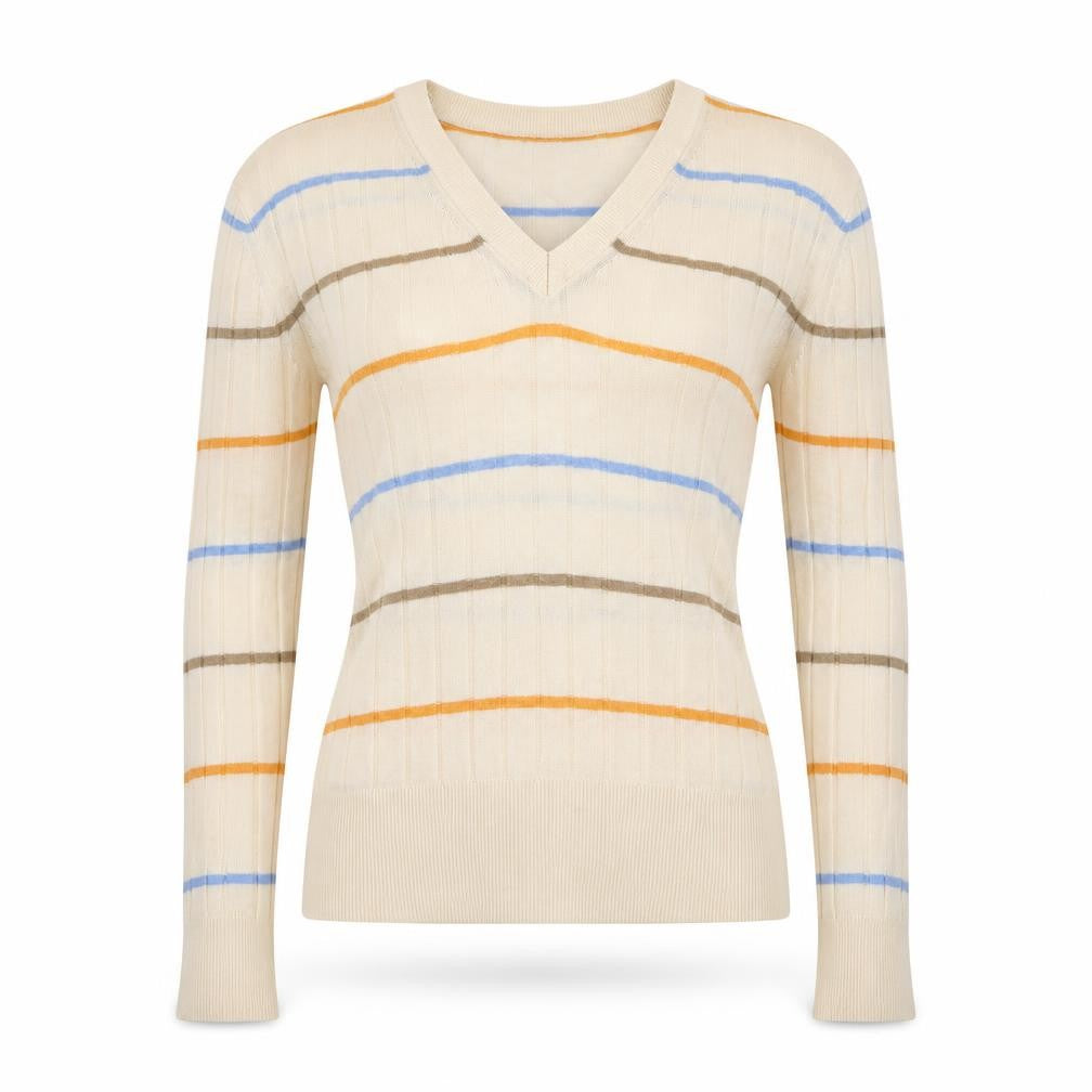 Marks and Spencer Womens Ivory V-Neck Striped Viscose Pullover Jumper Size XS