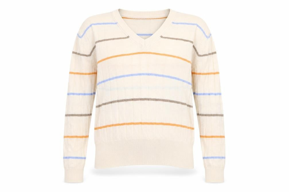 Marks and Spencer Womens Ivory V-Neck Striped Viscose Pullover Jumper Size S