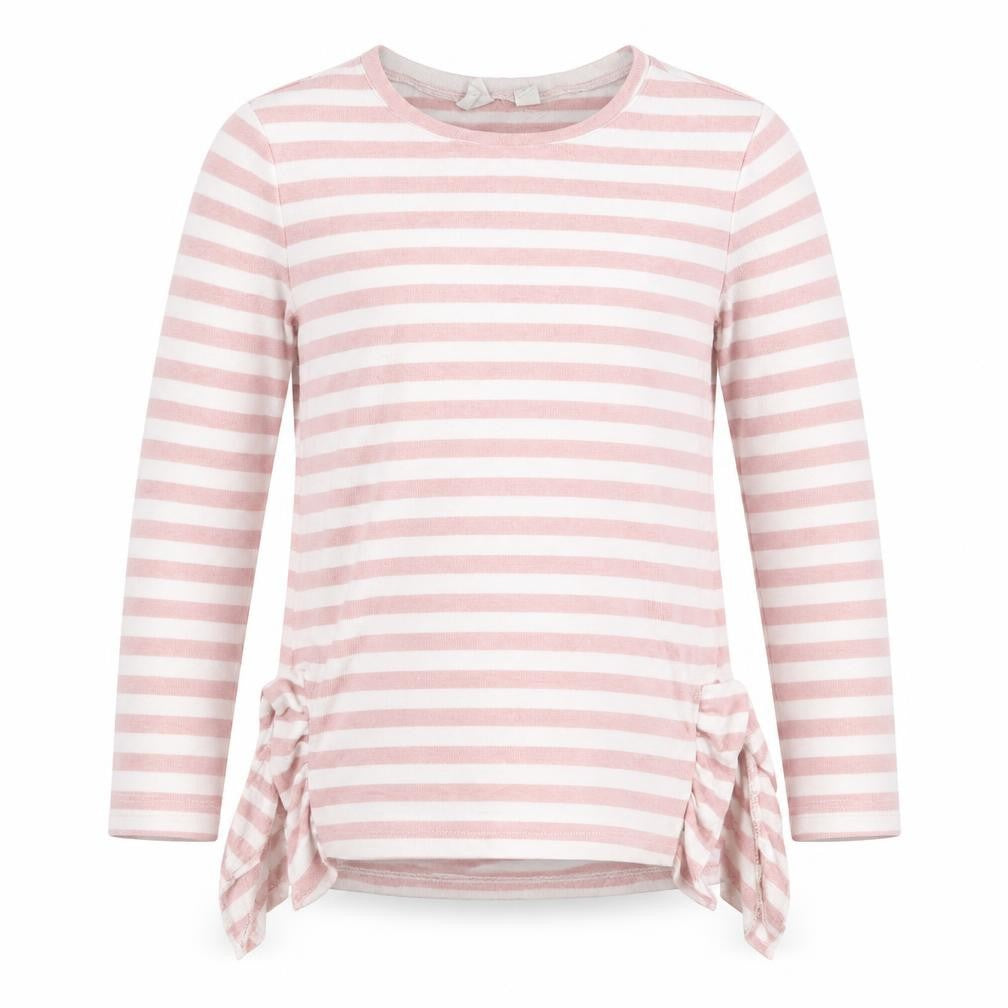 Front view of Gap girls’ pink round neck striped viscose jumper, size 5, years pullover