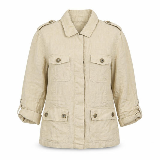 Front view of Atmosphere women’s beige jacket, size UK 10, button