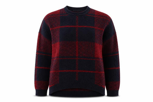 Front view of Atmosphere women’s red round neck check acrylic jumper, size UK 10