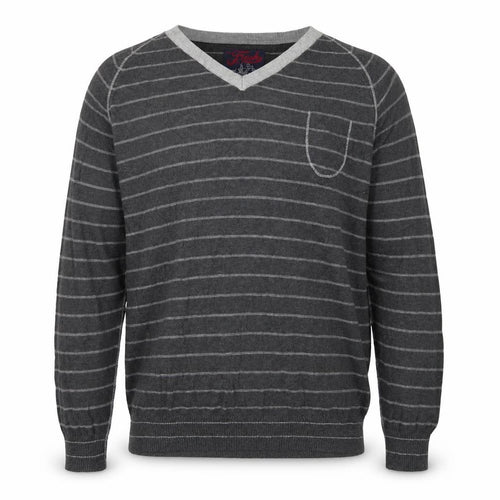 Fresh Mens Grey V-Neck Striped Cotton Pullover Jumper Size 2XL