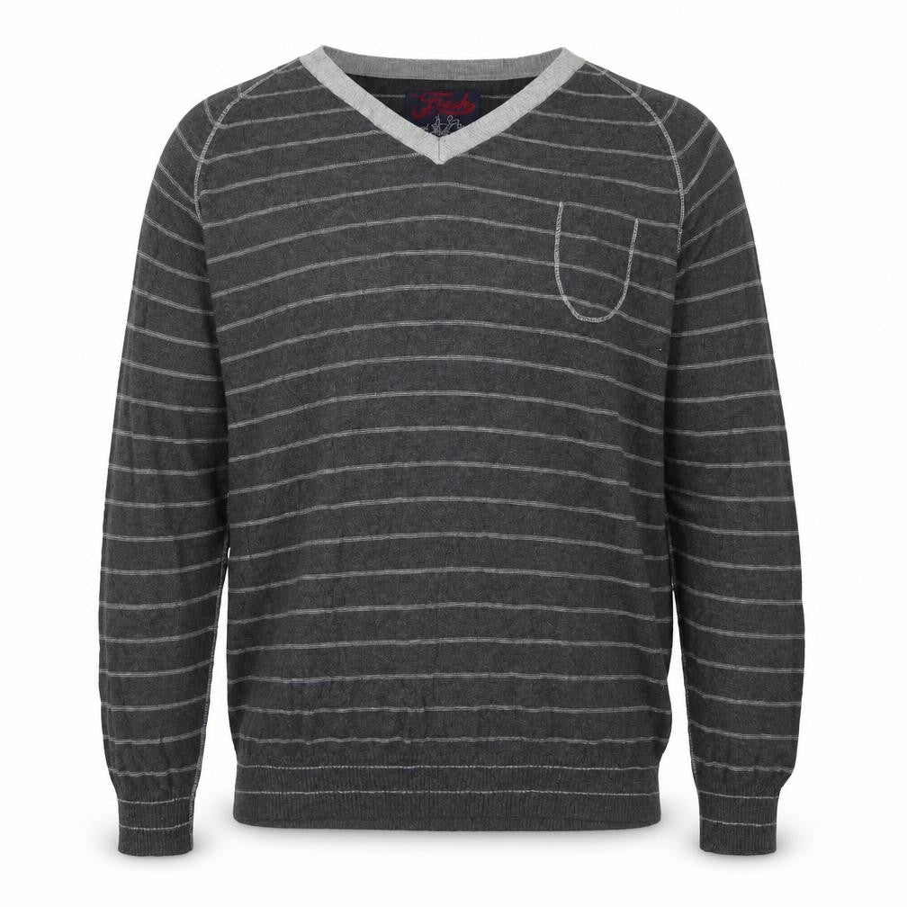 Fresh Mens Grey V-Neck Striped Cotton Pullover Jumper Size 2XL