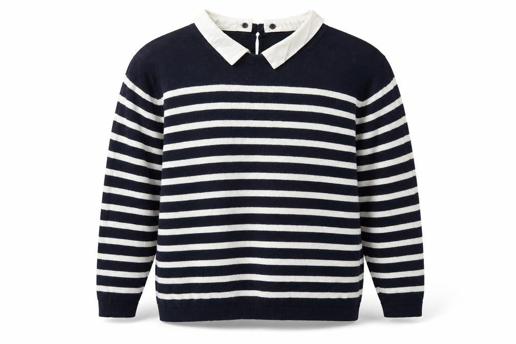 Front view of Oasis women’s blue collared striped cotton jumper, size L