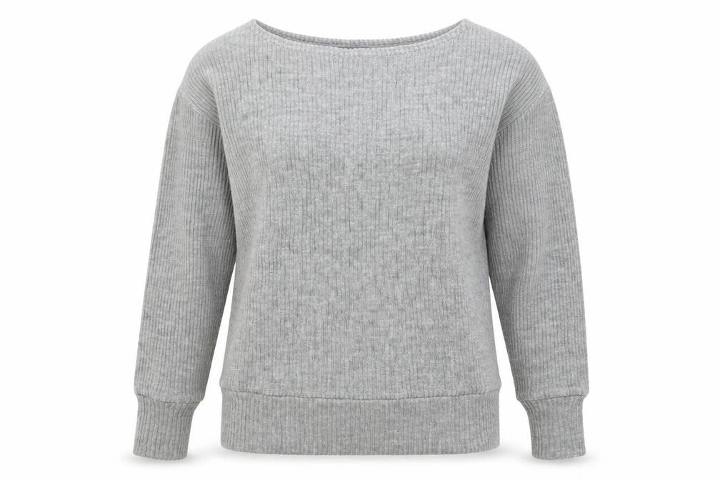 Front view of PRETTYLITTLETHING women’s grey acrylic pullover sweatshirt, size S, pullover