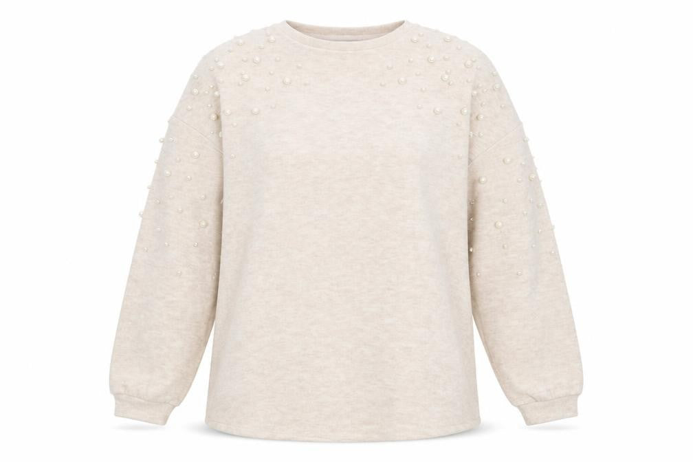 Front view of Papaya women’s beige round neck polyester jumper, size UK 12