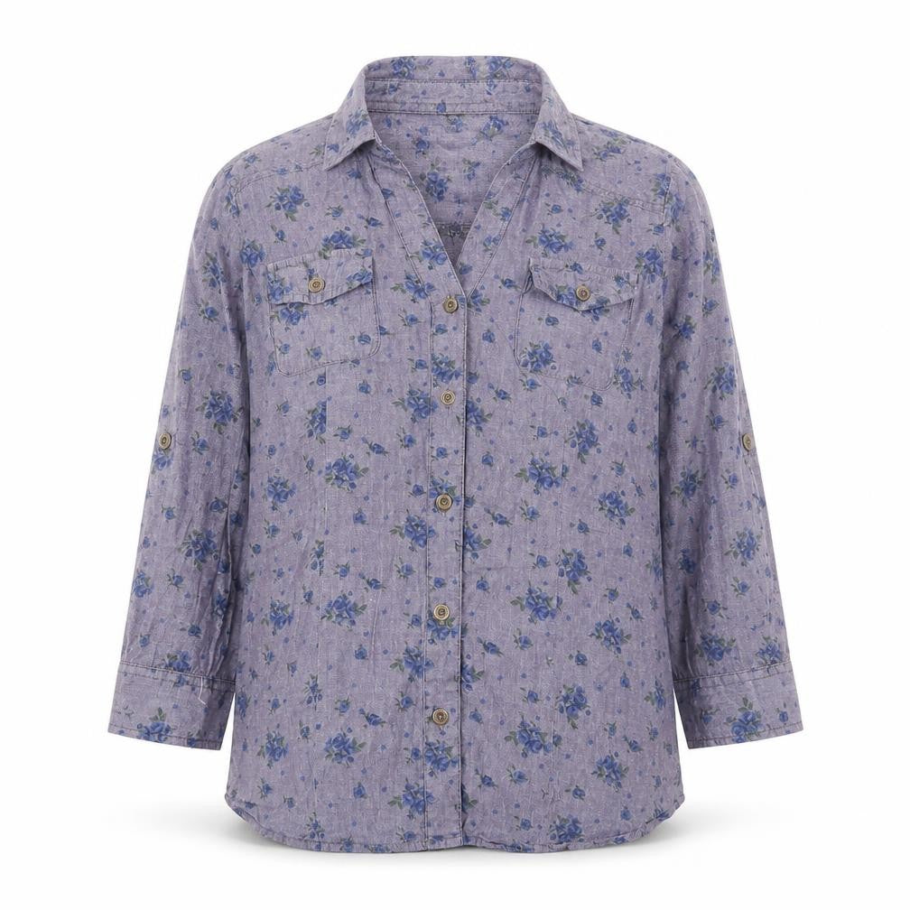 Front view of Fun & Flirt women’s blue floral cotton basic button-up, size S, collared