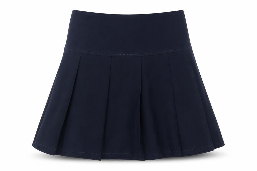 Front view of Marks & Spencer girls’ blue polyester a-line skirt, size 7-8, years regular pull on - school wear