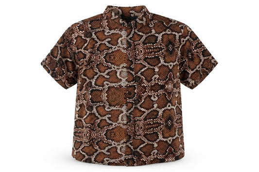 Front view of nexoluce women’s brown animal print viscose basic button-up, size UK 14, collared