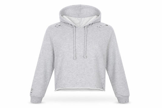 Front view of Atmosphere women’s grey polyester pullover sweatshirt, size UK 14, pullover - cropped, distressed