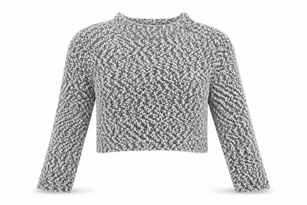Front view of H&M women’s white round neck polyester jumper, size M, - cropped