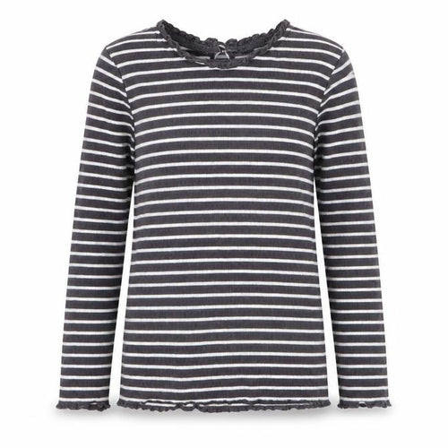 Dunnes Stores Girls Grey Striped Cotton Jersey T-Shirt Size 2-3 Years Round Neck Button
