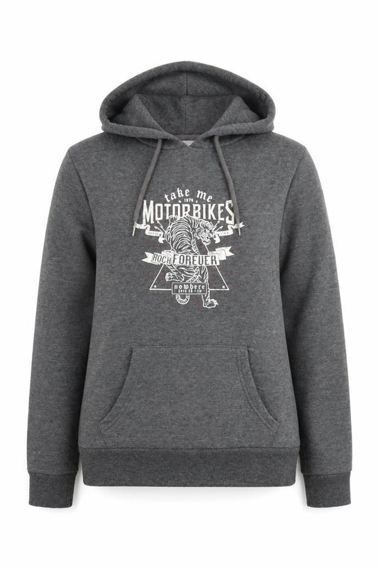 Front view of Primark women’s grey polyester pullover hoodie, size UK 8, - motorbikes