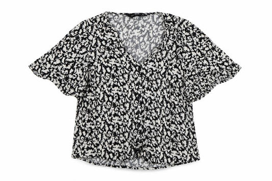 Front view of F&F women’s multicoloured animal print viscose basic button-up, size UK 10, v-neck