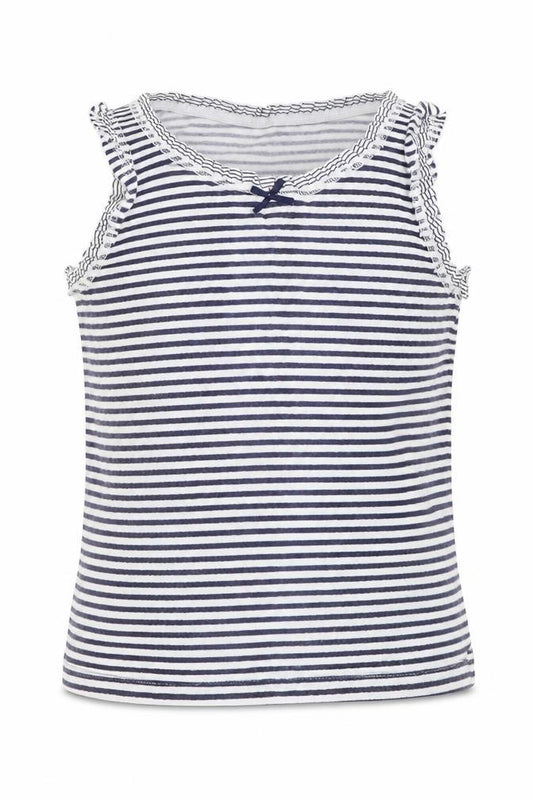 Front view of Next girls’ blue striped cotton basic tank, size 5-6, years round neck pullover