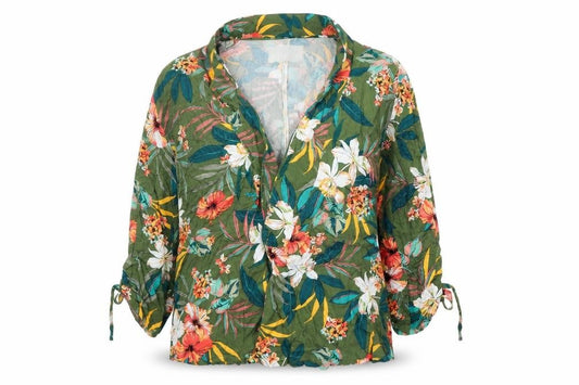 Front view of Promod women’s green floral viscose jacket blazer, size UK 14