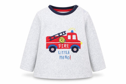Front view of Primark boys’ grey solid polyester cami pyjama top, size 6-9, months - fire engine