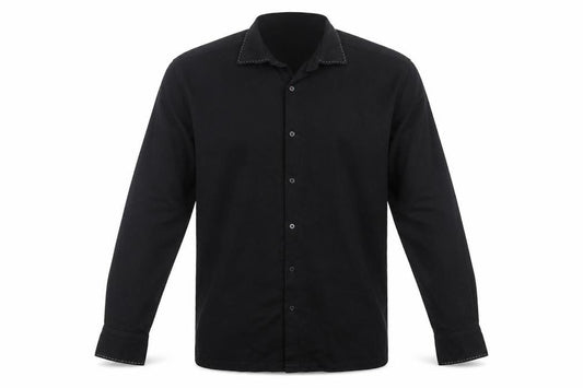 Front view of Refined men’s black polyester button-up, size L, collared