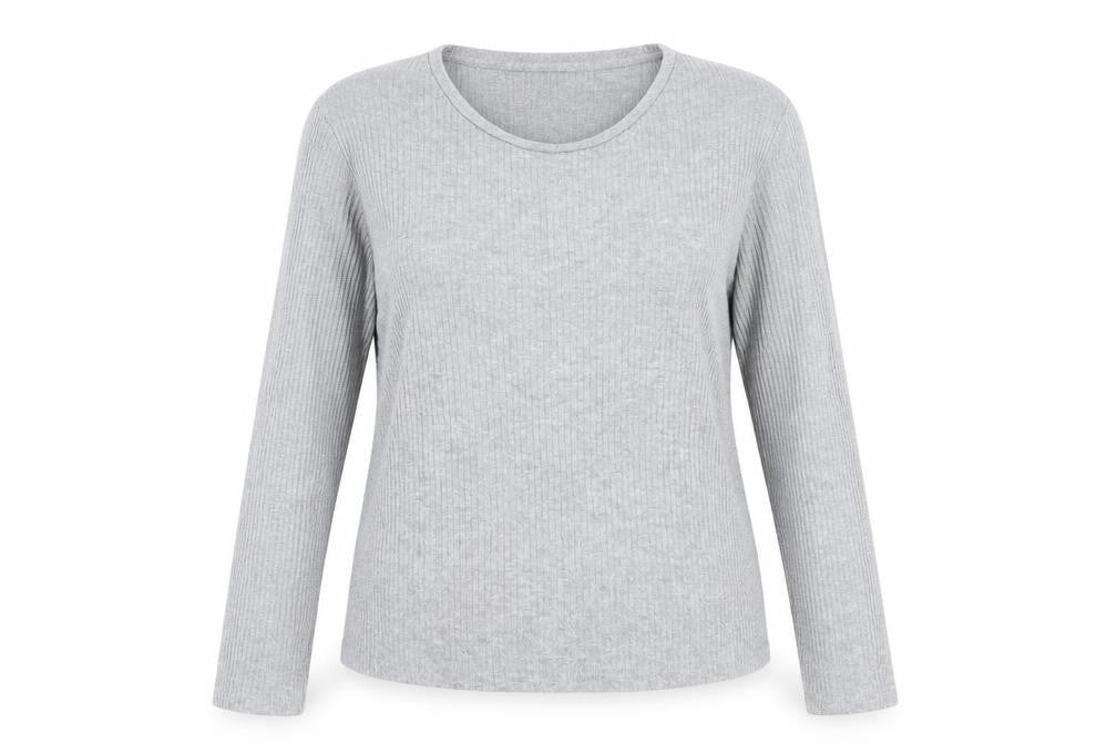 Front view of Pep&Co women’s grey round neck polyester jumper, size UK 14
