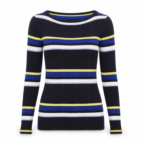 Marks and Spencer Womens Blue Boat Neck Striped Viscose Pullover Jumper Size 10