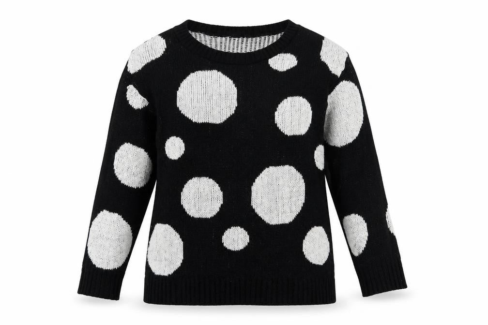 Front view of Peacocks women’s black collared polka dot acrylic jumper, size M
