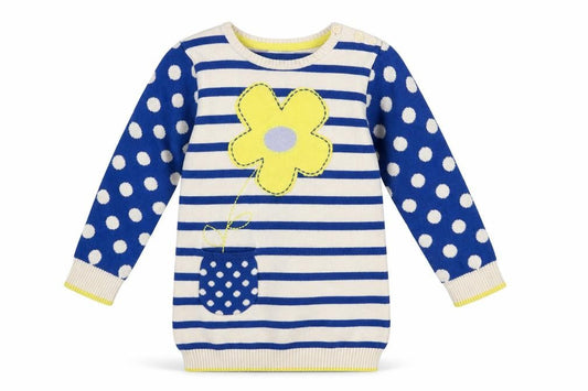 Front view of Next girls’ blue crew neck striped cotton jumper, size 2, years - flower