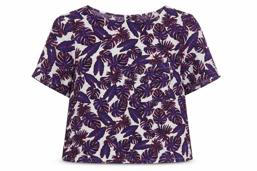 Front view of H&M women’s purple floral viscose basic blouse, size UK 8, crew neck