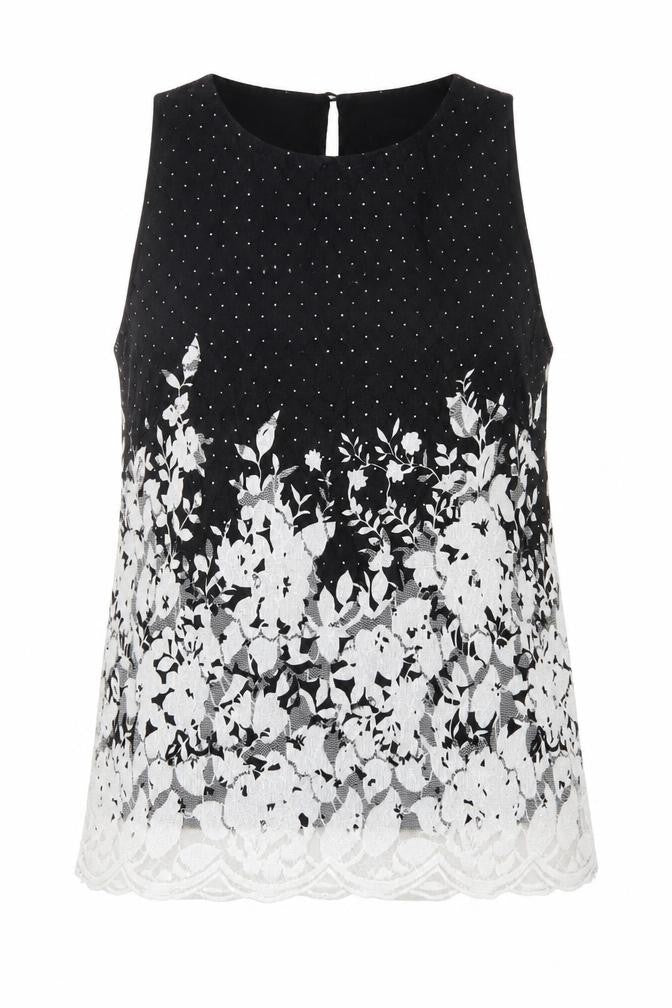 F&F Womens Black Floral Polyester Basic Blouse Size 8 Round Neck - Lace Overlay, Scalloped edging