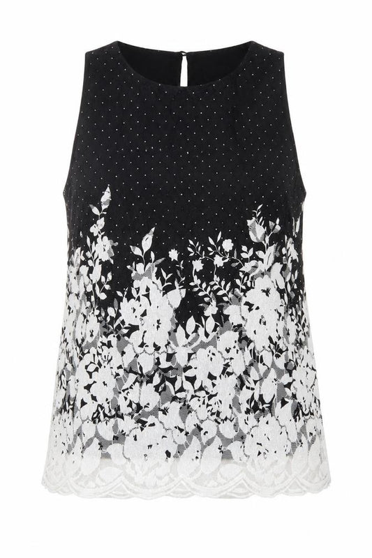 Front view of F&F women’s black floral polyester basic blouse, size UK 8, round neck - lace overlay, scalloped edging