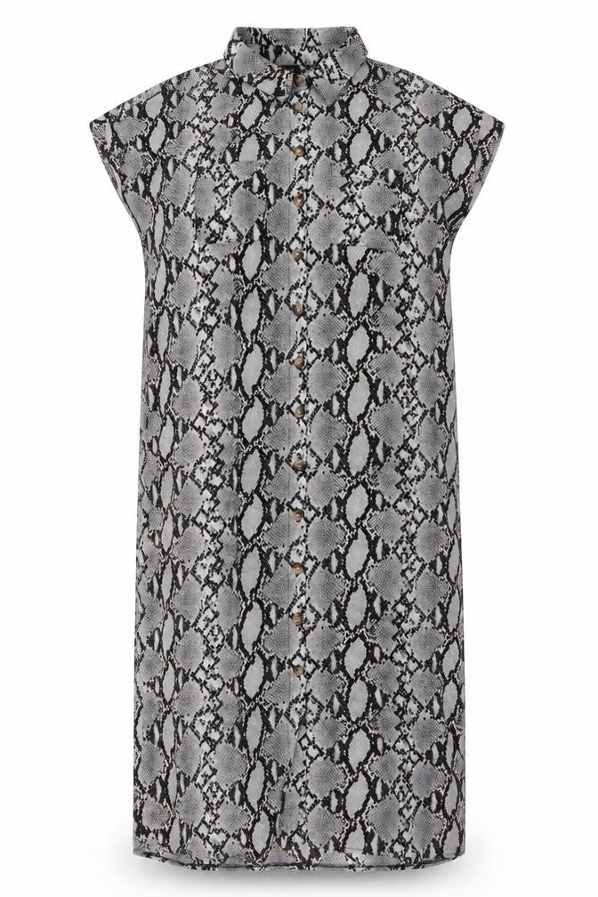 Front view of New Look women’s grey animal print polyester maxi, size UK 14, collared button