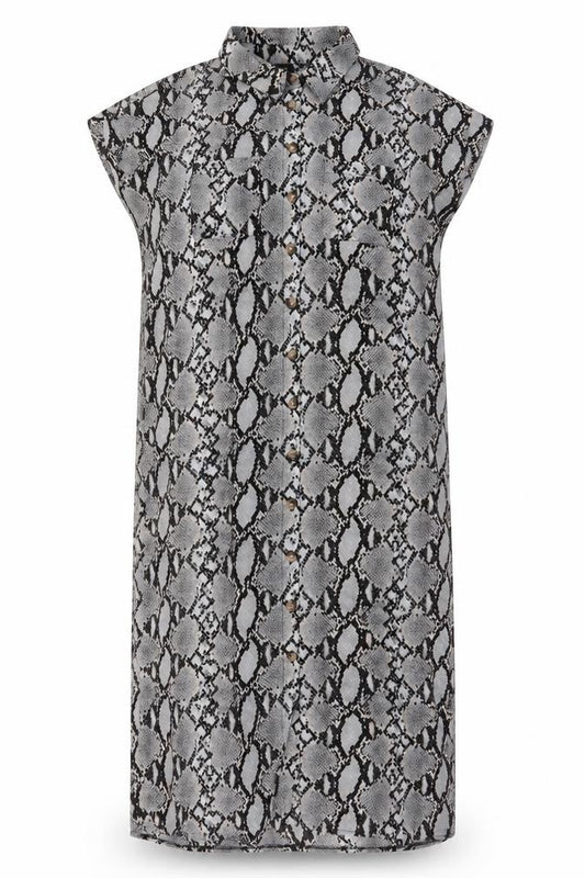 Front view of New Look women’s grey animal print polyester maxi, size UK 14, collared button