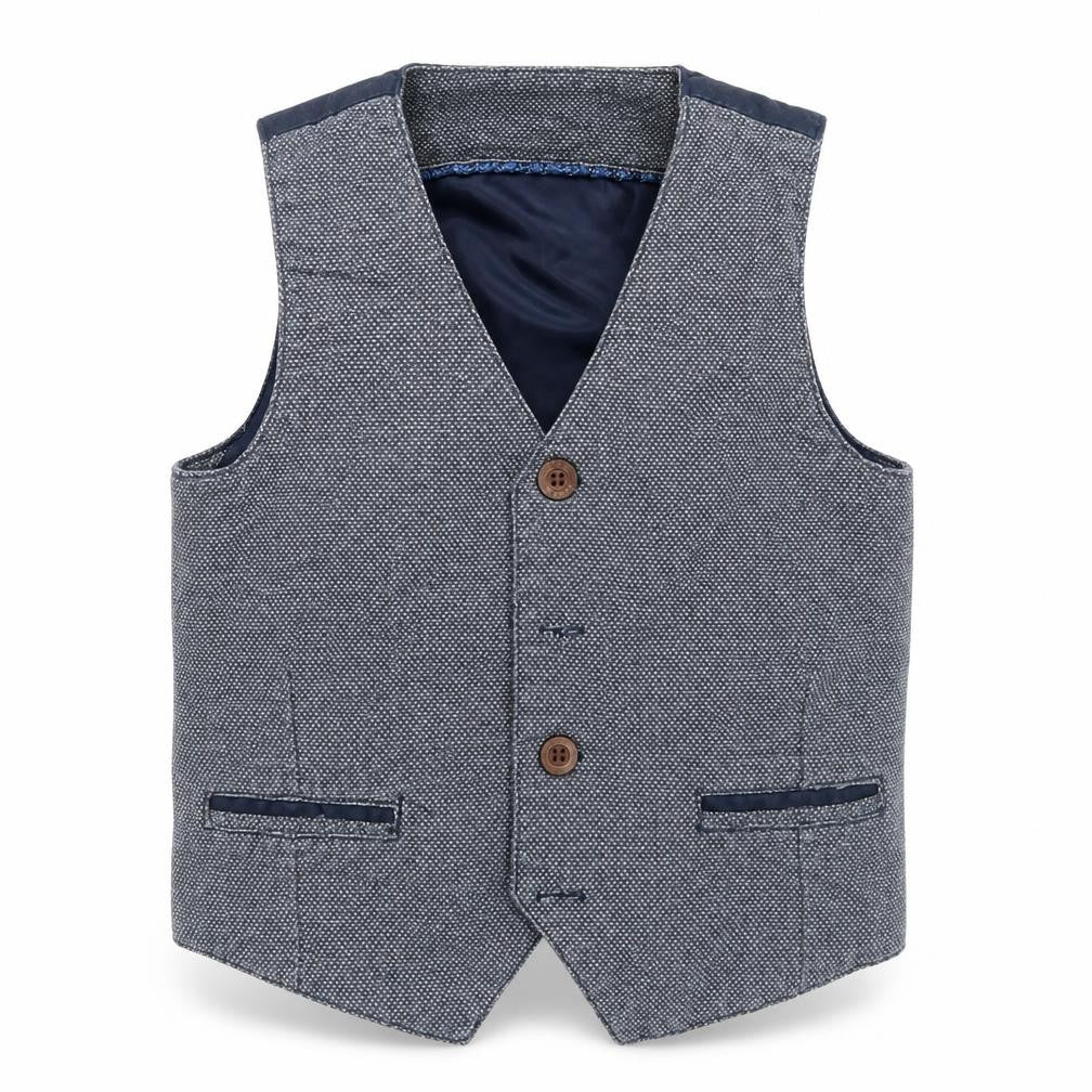 Front view of NAME IT boys’ blue jacket waistcoat, size 4-5, years button