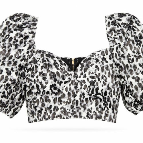 I SAW IT FIRST Womens Grey Animal Print Polyester Cropped Blouse Size 12 Square Neck