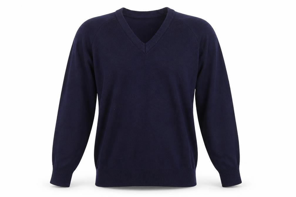 Front view of Hunter men’s blue v-neck acrylic jumper, size S