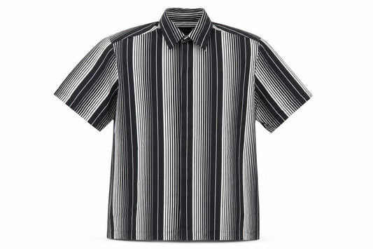 Front view of Burton men’s black striped polyester button-up, size S, collared button