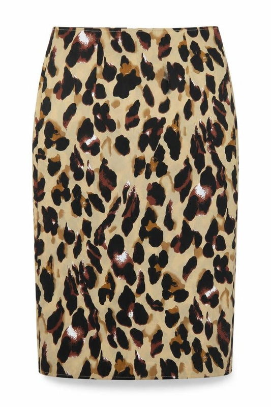 Front view of PRETTYLITTLETHING women’s beige animal print polyester straight & pencil skirt, size UK 8, zip