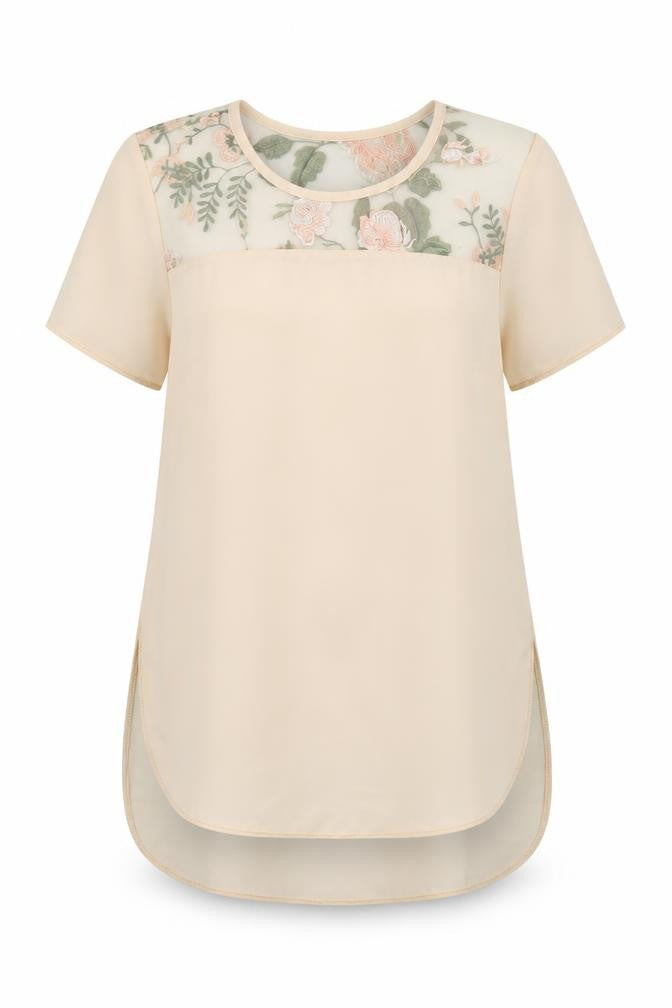 Front view of Atmosphere women’s beige floral nylon basic blouse, size UK 6, crew neck - mesh panel