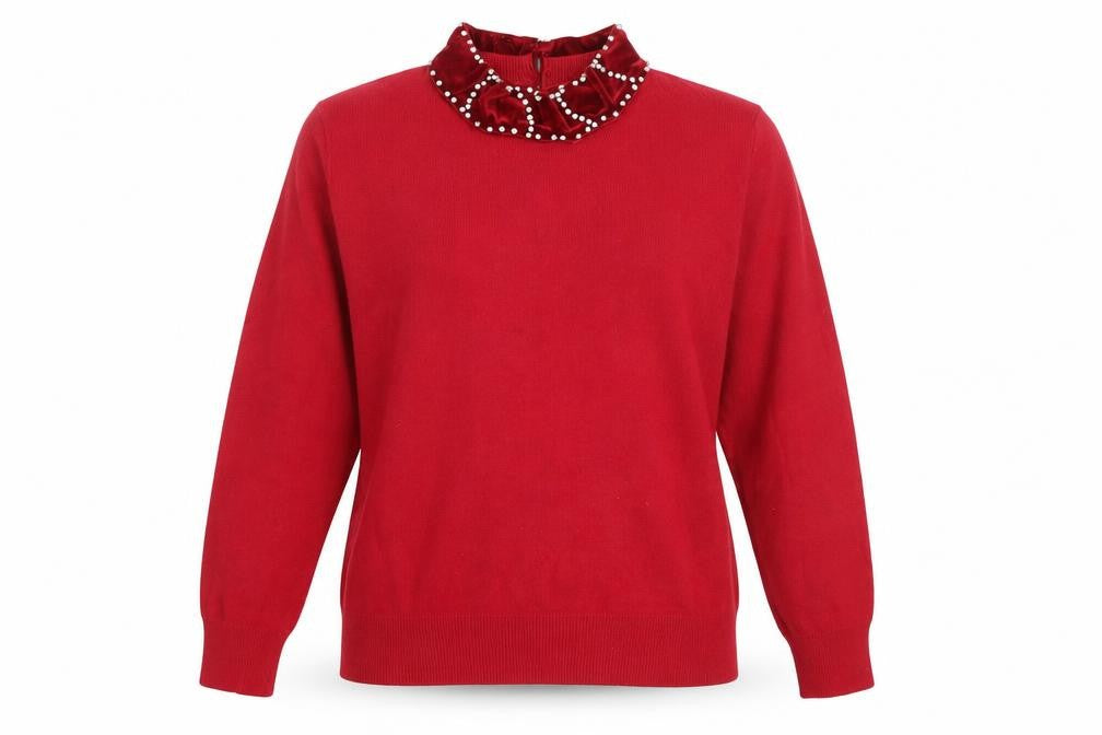 Front view of Darling women’s red high neck rayon jumper, size UK 12