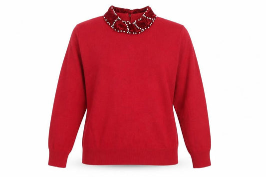 Front view of Darling women’s red high neck rayon jumper, size UK 12