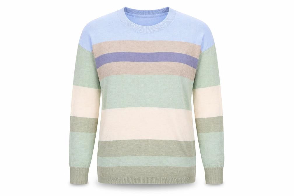 Front view of Fransa women’s multicoloured round neck striped viscose jumper, size S
