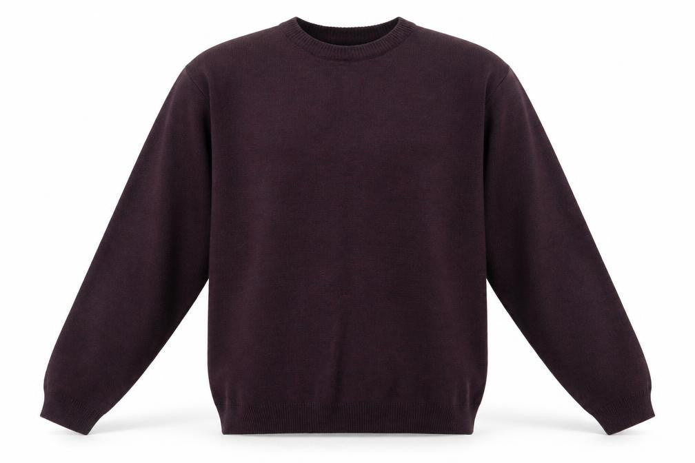 Front view of Essentials men’s purple round neck acrylic jumper, size M