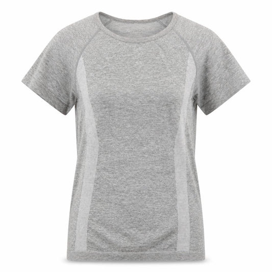 Front view of WorkOut women’s grey polyester basic t-shirt, size UK 6, round neck pullover