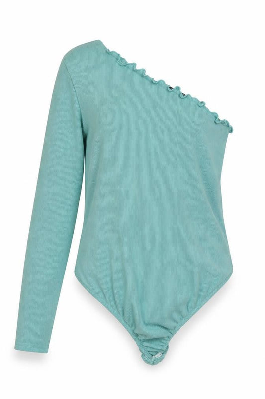 Front view of PRETTYLITTLETHING women’s green polyester bodysuit one-piece, size UK 12, snap