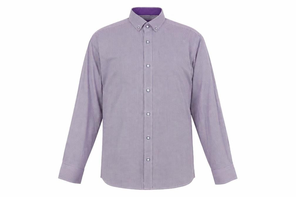 Front view of Daniel Rosso men’s purple plaid cotton button-up, size M, collared button