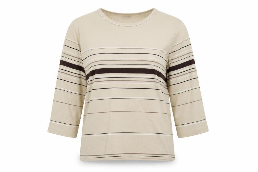 Front view of Dunnes women’s beige striped cotton basic blouse, size UK 10, crew neck